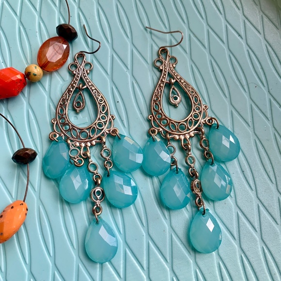 Earrings Boho Vintage - Blue Bead Chandelier Dangles & Big Hoop Earrings - Picture 2 of 6